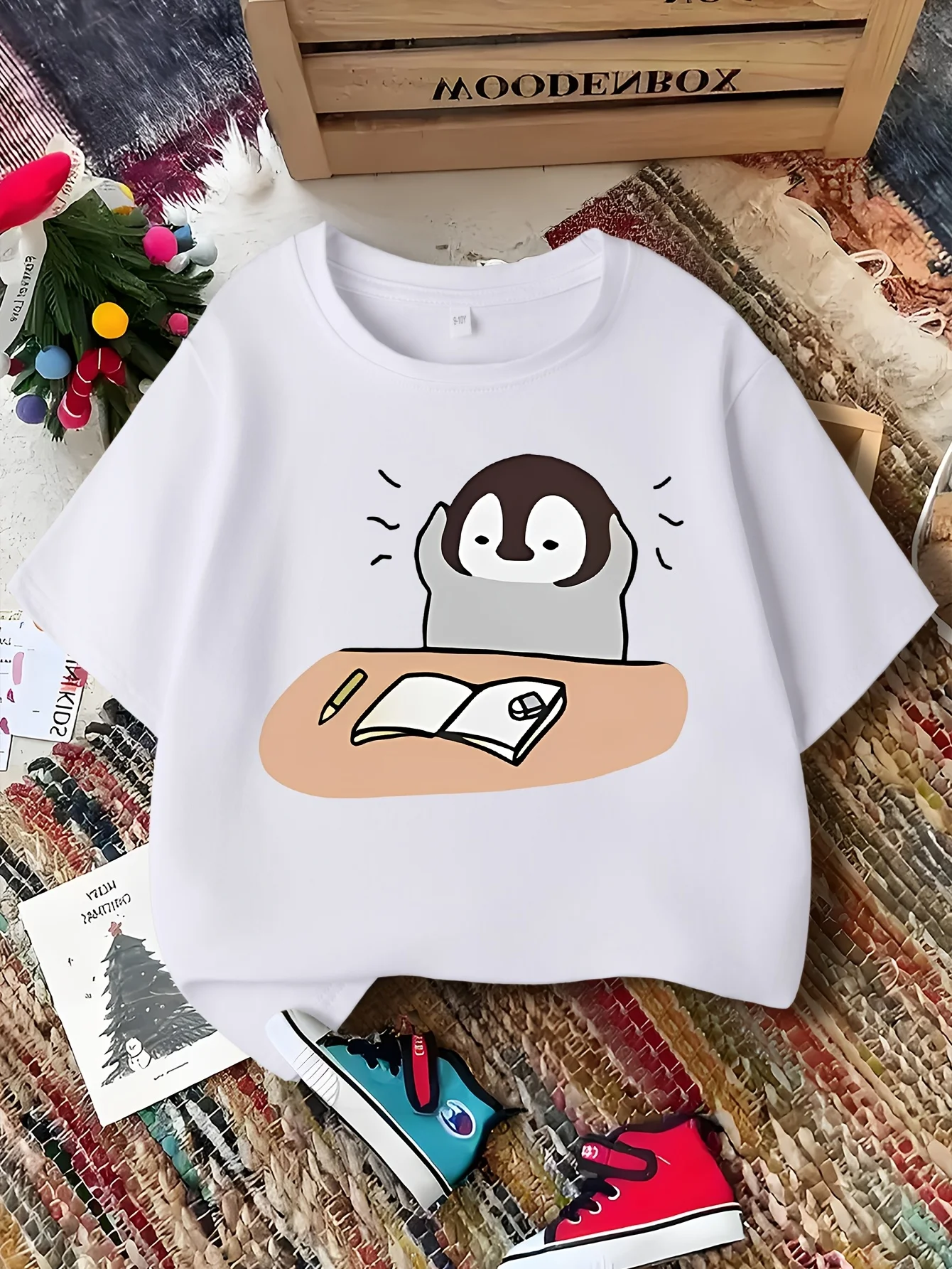 Anxious Studying Penguin Cartoon Print Boys Girls Short Sleeve Tee Match Soft Cotton Kids Student Daily Casual Fashion T Shirts