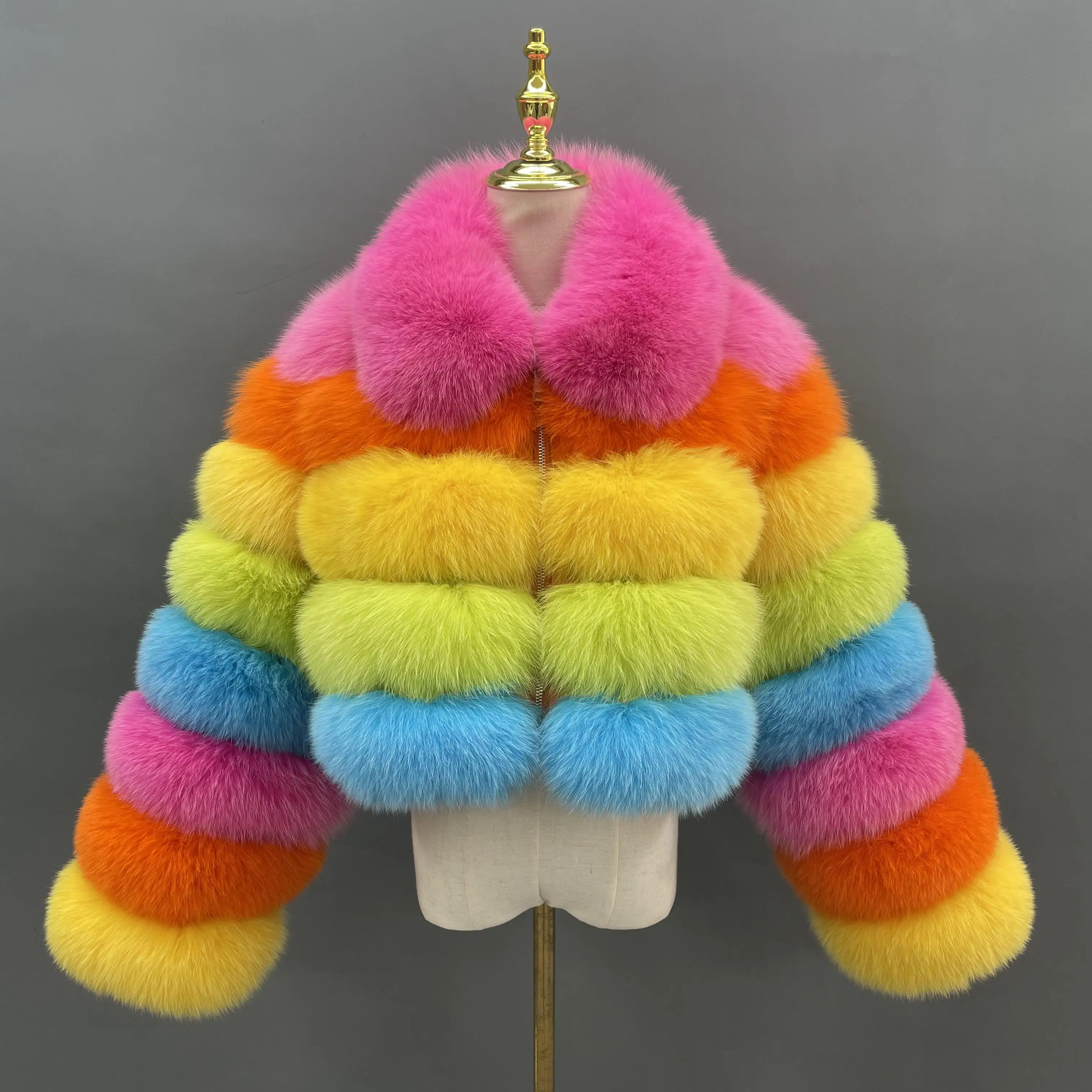 JANEFUR 천연 모피 코트 여성용 레인보우 패션 럭셔리 크롭 리얼 폭스 퍼 재킷 도매 겨울 여성 코트