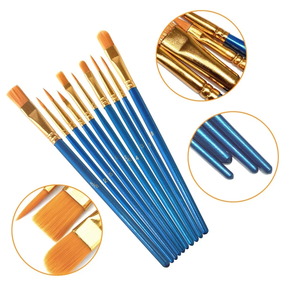 10Pcs Plastic Short Rod Art Painting Watercolor Gouache Oil Brush Multi-color Multi-functional Nylon Hair Paint Brush Artist Set