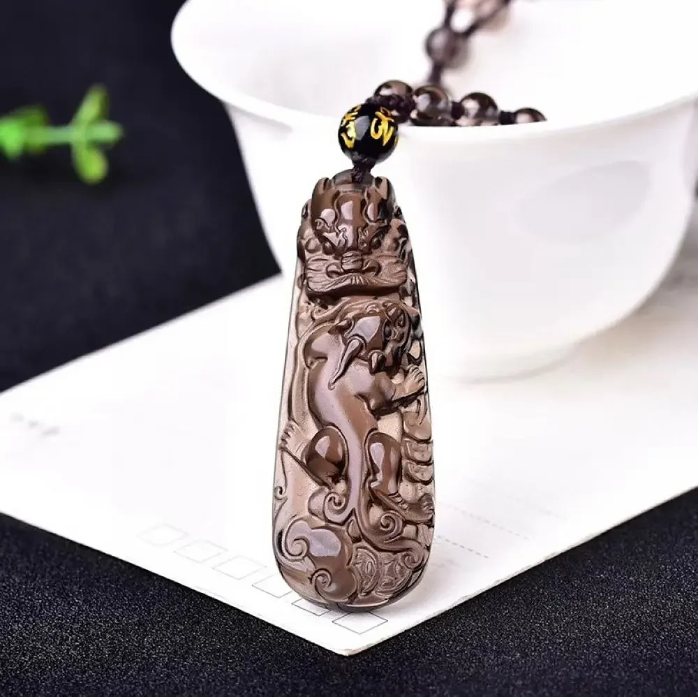 Natural ice obsidian hope son Jackie chan dragon necklace PIXIU tian lu pendant with adjustable bead chain