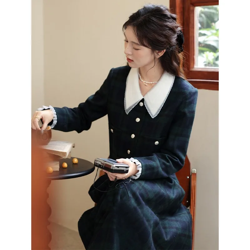 Vintage Plaid Two Piece Outfit Women Autumn Lapel Short Jacket Pleated Midi Skirt Preppy Style Suit S-3XL view 4