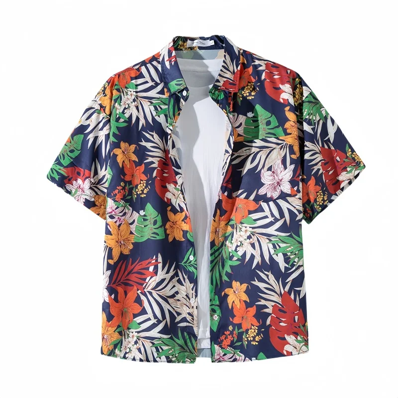 Men's Summer Beach Vacation Short Sleeve Floral Shirt Fashion Loose Casual Handsome Vintage Hawaiian Travel Printed Shirt Coat