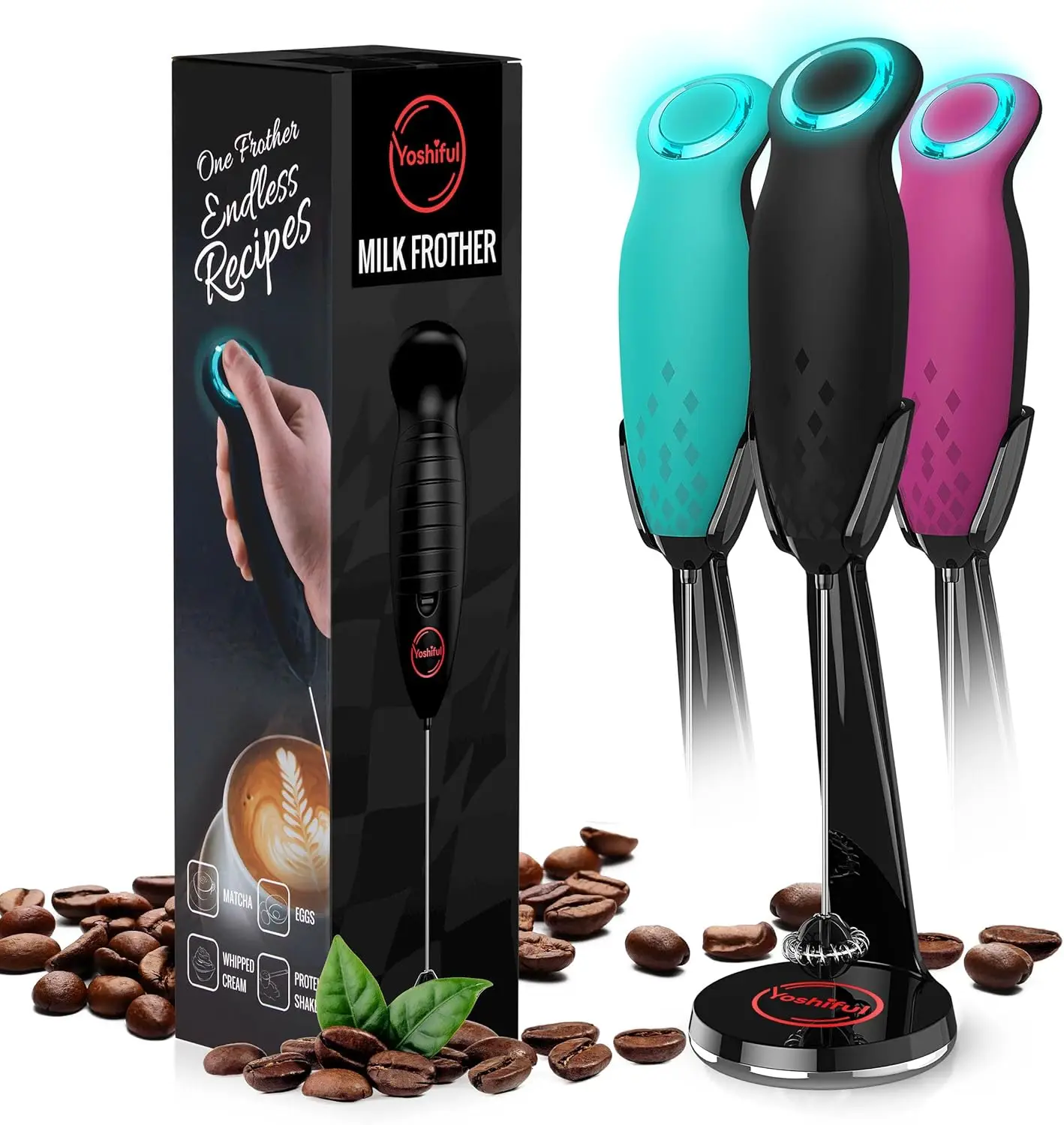 Electric Milk Frother Handheld Foam Maker for Coffee, Lattes, Matcha - Turbine Whisk Mixer with Stand
