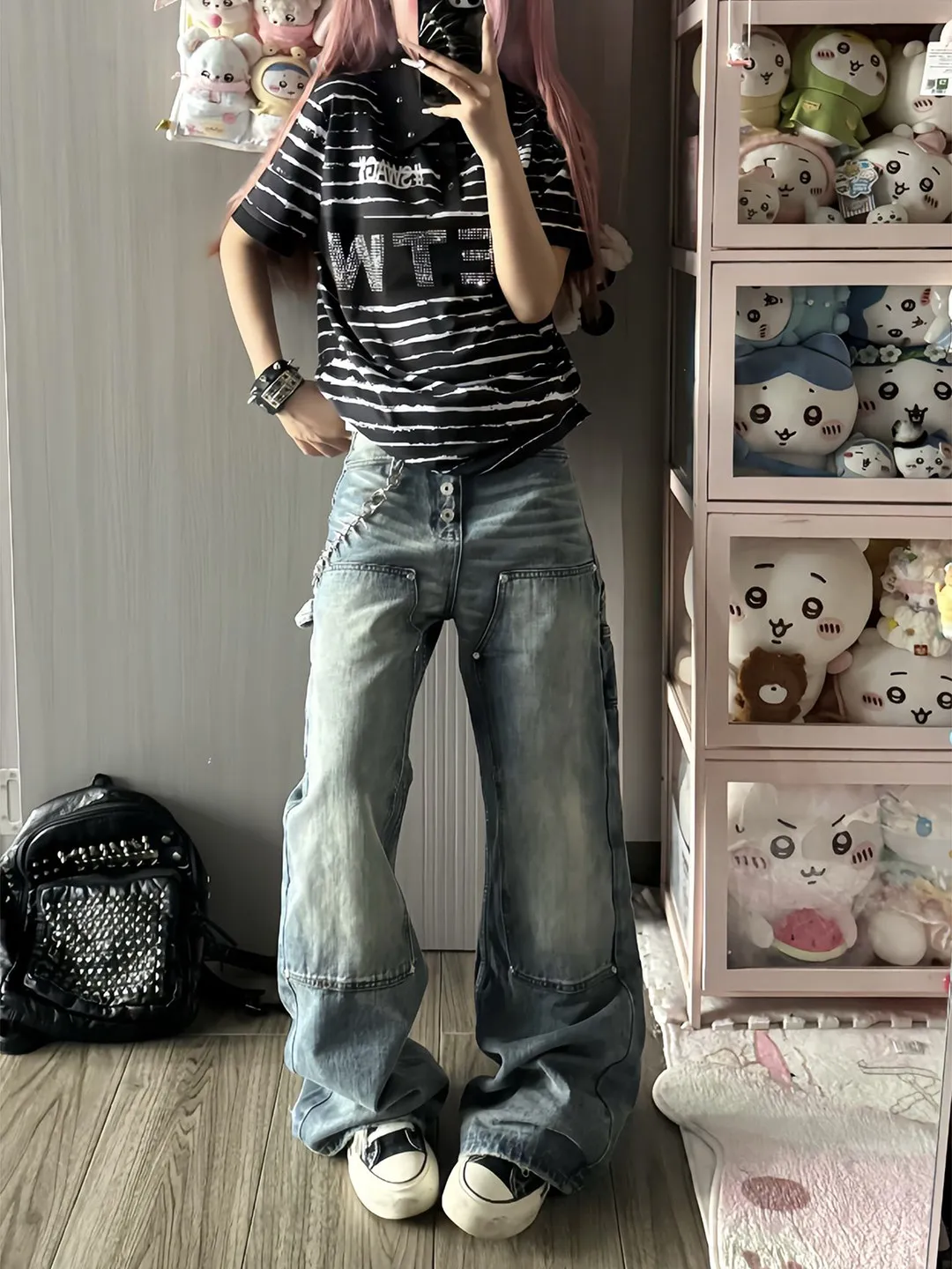 Washed American Style Men's Jeans High Street Hip Hop Chino Pants Loose Fit Long Trousers with Multiple Buttons Vintage Look