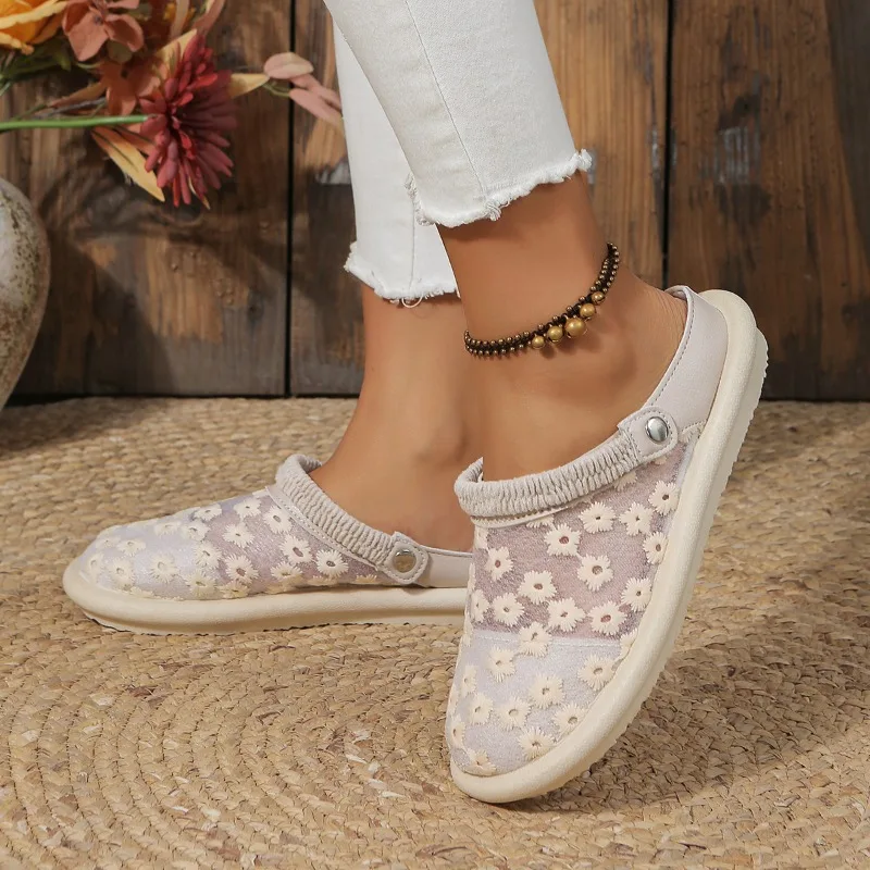 Mesh Outside Mules Summer Concise Ladies Shoes 2024 High Quality Flat with Floral Shallow Women\'s Slippers Chinelos Femininos