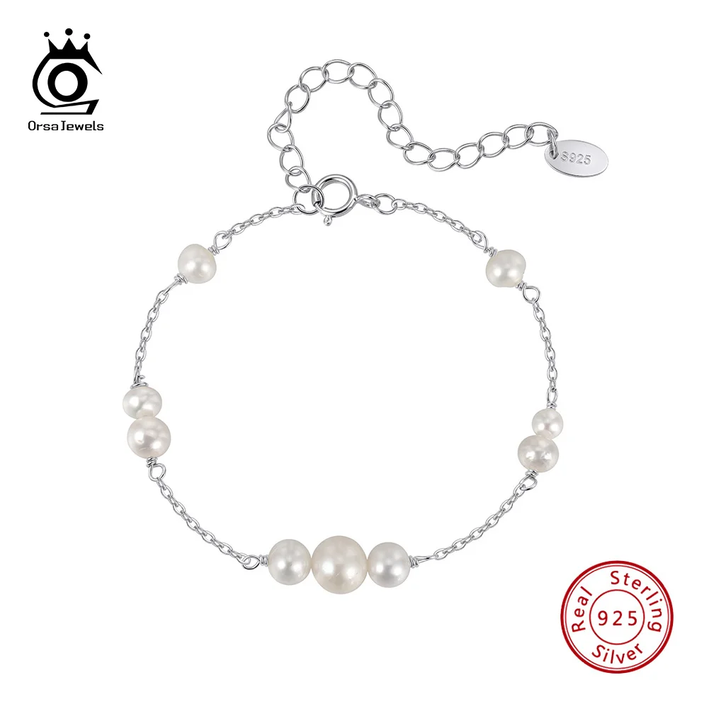 ORSA JEWELS Изящный браслет с подвесками из натурального жемчуга, цепочка из серебра 925 пробы, ручной работы, многослойное украшение на запястье для женщин GPB74