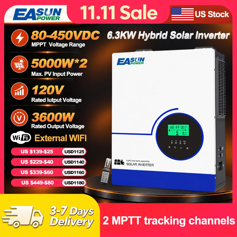 EASUN POWER 6300W Pure Sine Wave Hybrid Solar Inversor 48V 110V 120V Dual MPPT 120A Solar Charger High Frequency On Off Grid Hybrid Inverter Lithium Battery BMS Communication Battery-less Running Home PV System