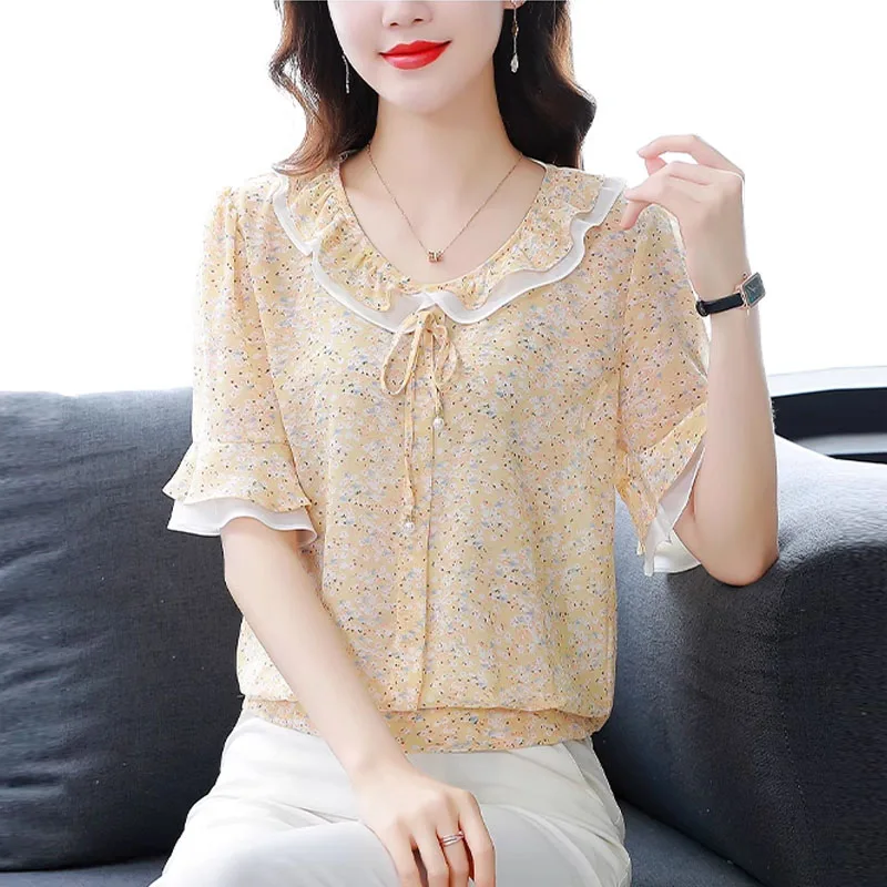 Summer New Short Sleeve O-Neck Women Blouse Casual Print Chiffon Blouse Shirt Women Tops Blusas Mujer De Moda 2024 Verano A238