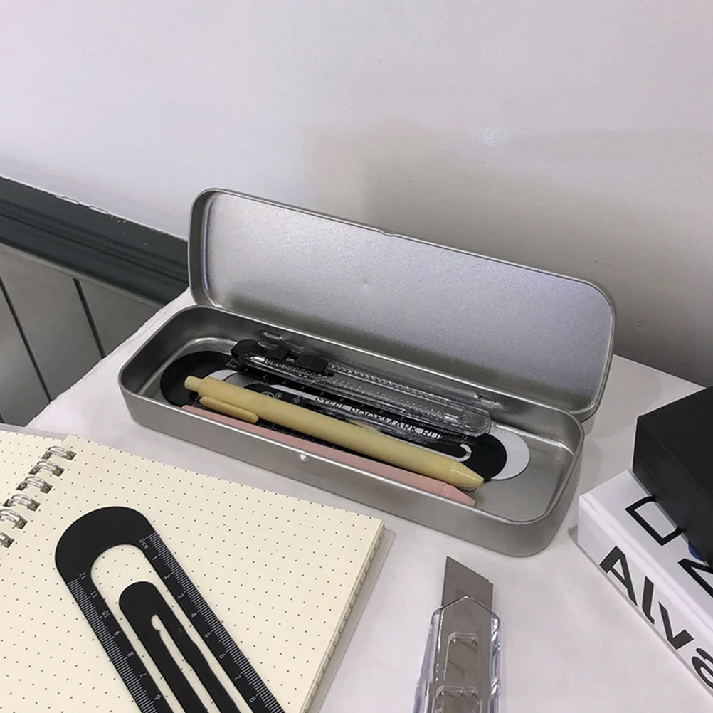 Pencil Tin Multifunctional Organizer Tinplate Stationery Box Cases Wear Resistant Supplies Silver Multi-function