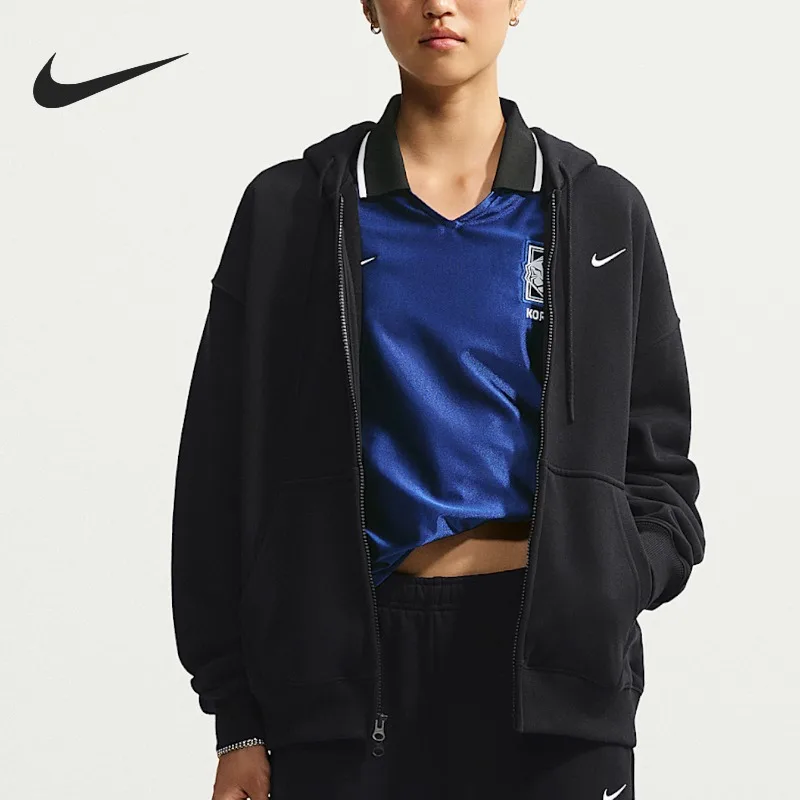 Nike IM8085-001 Women Fleece Hooded Jacket, Black Full Zip Warm Casual Sport Coat for Lounge Training Commuting
