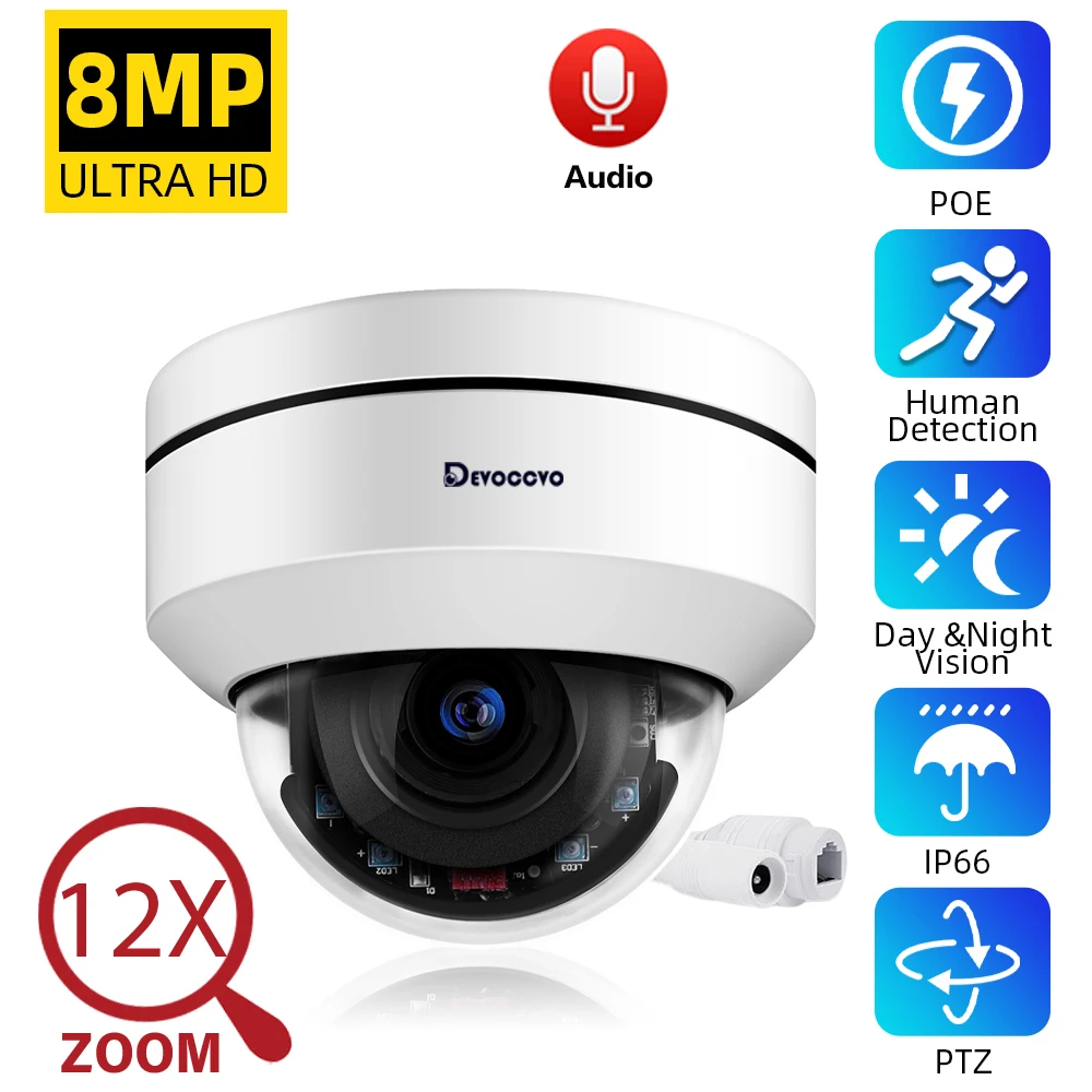 Caméra dôme IP PTZ POE 8MP 4K, étanche pour l'extérieur, Onvif, zoom optique 10X 12X, vision nocturne infrarouge P2P, enregistrement audio, détection humaine, caméra de vidéosurveillance CCTV
