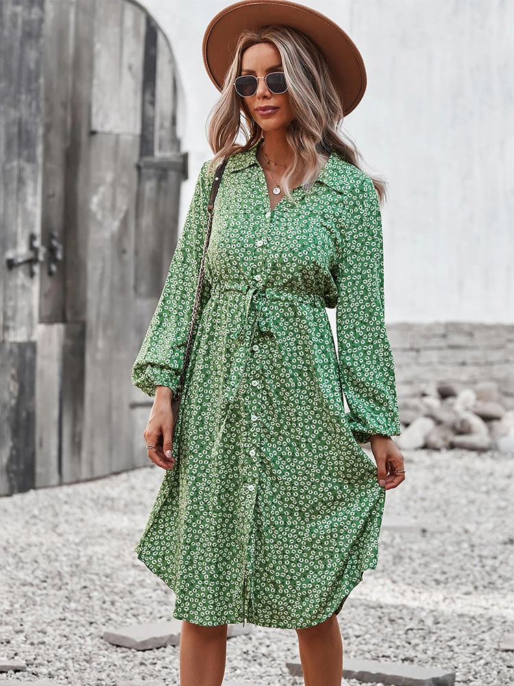 

Autumn Winter Bandage Print Dresses For Women 2022 New Casual Long Sleeve Button Floral Midi Dress Female Holiday Style Robe