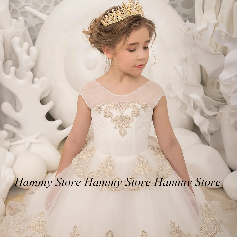 Ivory First Communion Dresses with Gold Applique Round Neck Cap Sleeve Tiered Tulle Birthday Party Gown Flower Girl Dress