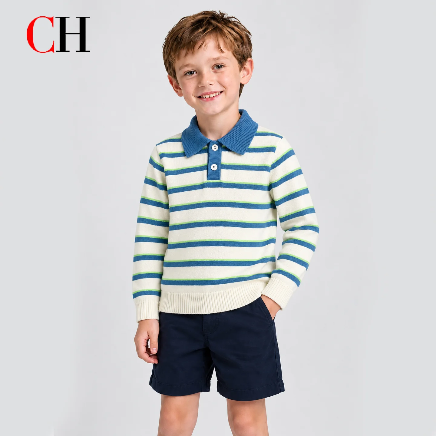 CH Boys Striped Knit Sweater Kids Long Sleeve Polo Collar Pullover Casual Soft Jumper Autumn Winter Top