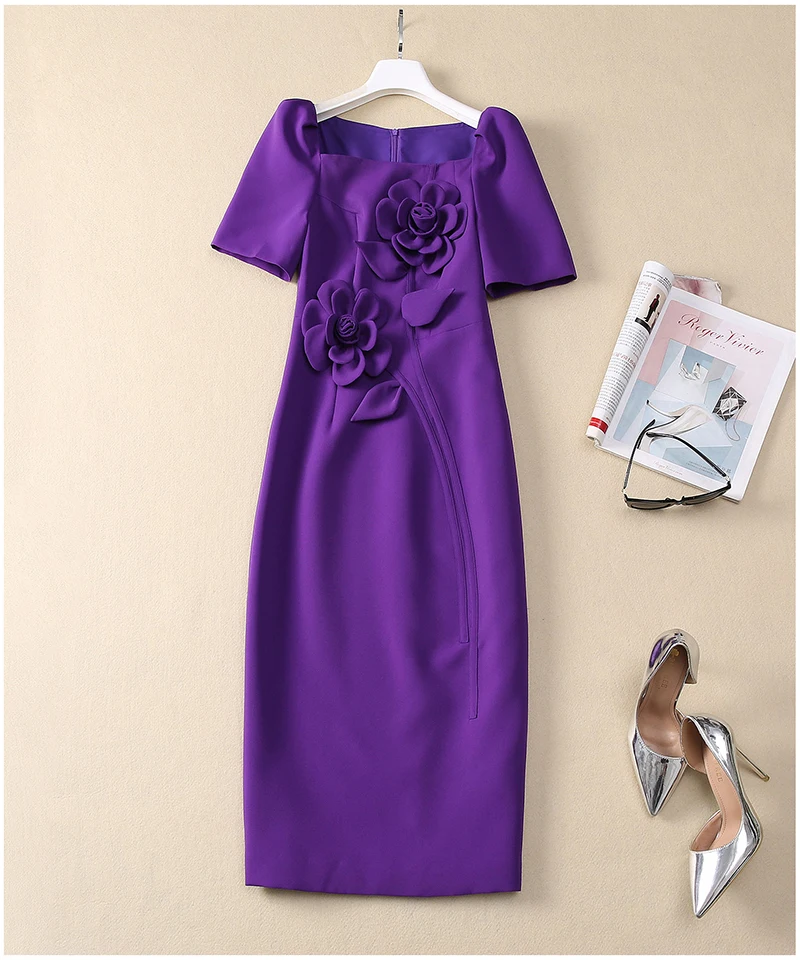Robe de soirée violette de tempérament français élégant, col carré, manches longues, fleur 3D, taille haute, Slim, enveloppée dans les hanches, longue robe pour femmes