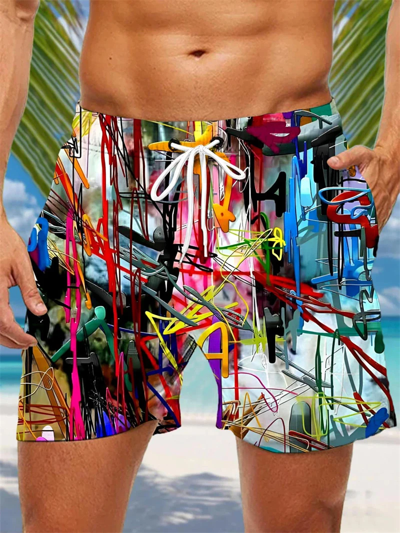 트렌디한 그래피티 그래픽 반바지 남성 여름 패션 스트릿웨어 3D 프린팅 비치 반바지 쿨 오버사이즈 힙합 수영복