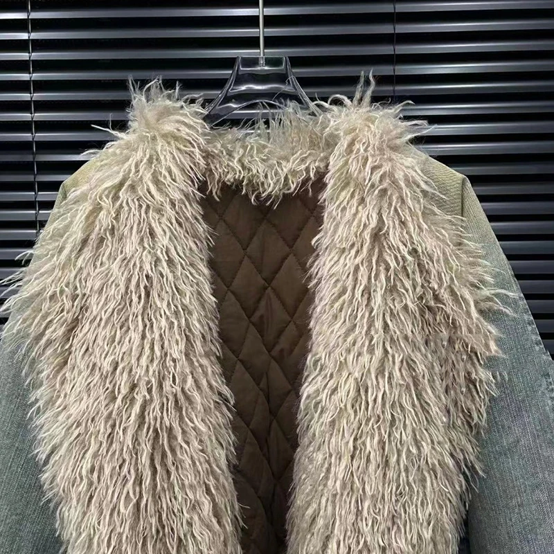 KBQ Vintage gradiënt katoenen jas voor dames bontkraag lange mouw cowboy losse vrijetijdskleding warme jassen dames winter nieuw