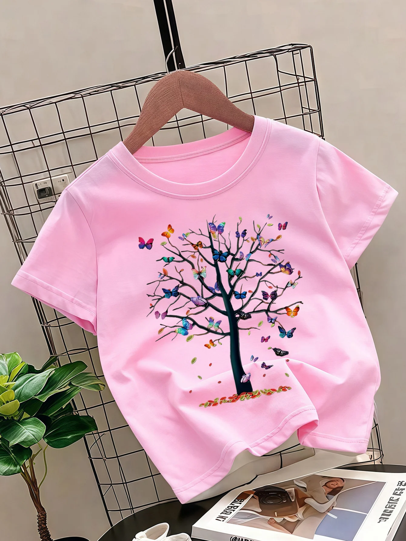 Kids Beautiful Colorful Butterfly Tree Graphic Tee Boys Girls Family Matching Short Sleeve Nature Cartoon Casual Daily T Shirt