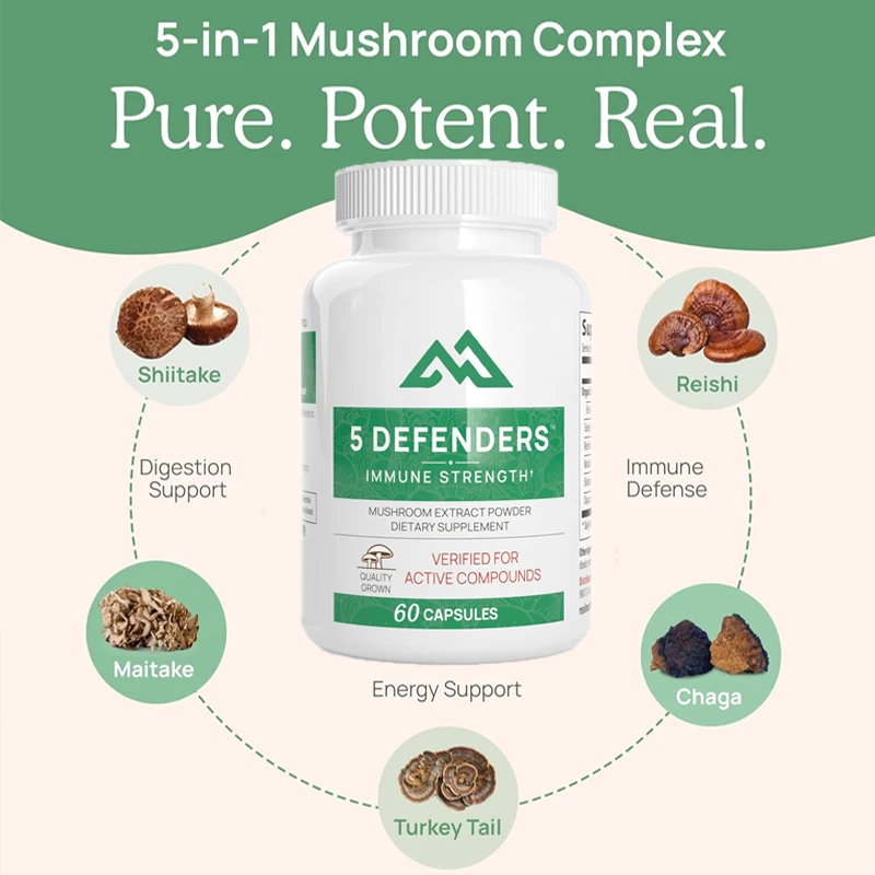 5 Defenders Capsules - Contains shiitake mushrooms, shiitake mushrooms, turkey tails, etc. for focusing and immune support