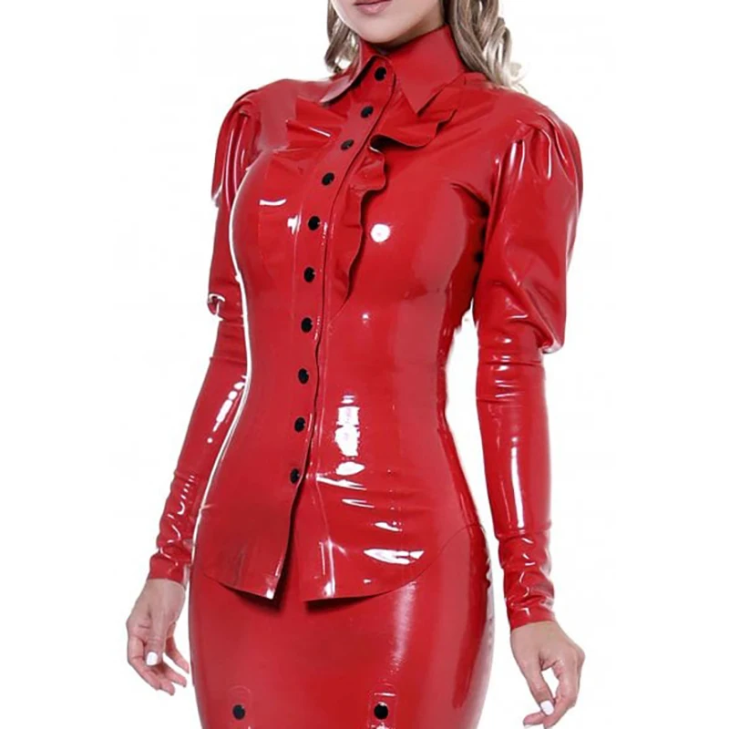 Red Sexy  Latex Blouse With Buttons Ruffles Front Long Sleeves Rubber Shirts Top Clothing YF-0436