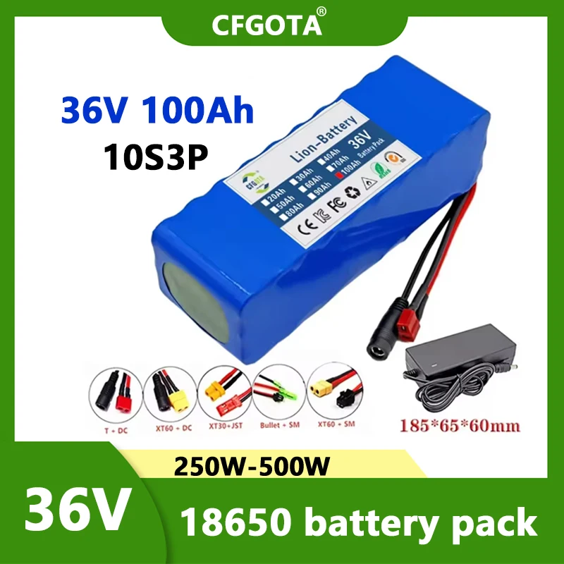 2026 36V NEUER 100Ah 18650 Akku 10S3P 100000mAh mit integriertem 15A BMS, 250W-500W Akku + 42V 2A Ladegerät