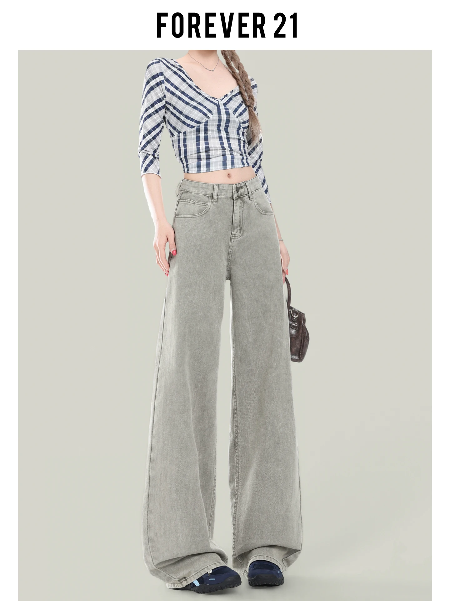 Pantalones vaqueros de cintura alta y pierna ancha Forever 21 para mujer, corte holgado, entrepierna recta, pantalones casuales de verano