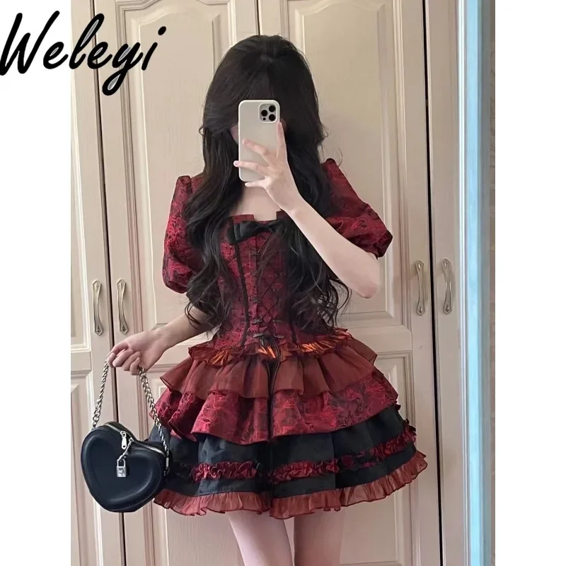 Dark Halloween Lolita Abito a tre pezzi Ropa De Mujer 2025 Cutecore Nuovo Jacquard Bow Tube Top Bubble Sleeve Jacket Tutu Gonna Set