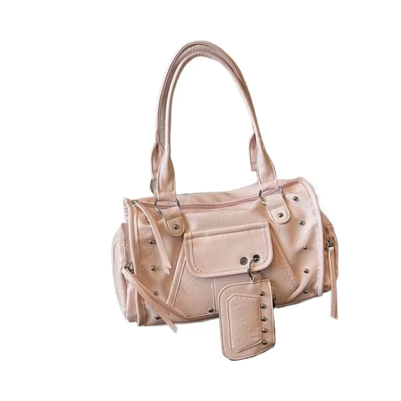 Pink Studded Handbag, Sweet Everyday Style, 2026 New High-end High-capacity Temperament Commuting Shoulder Bag Fashion Popular