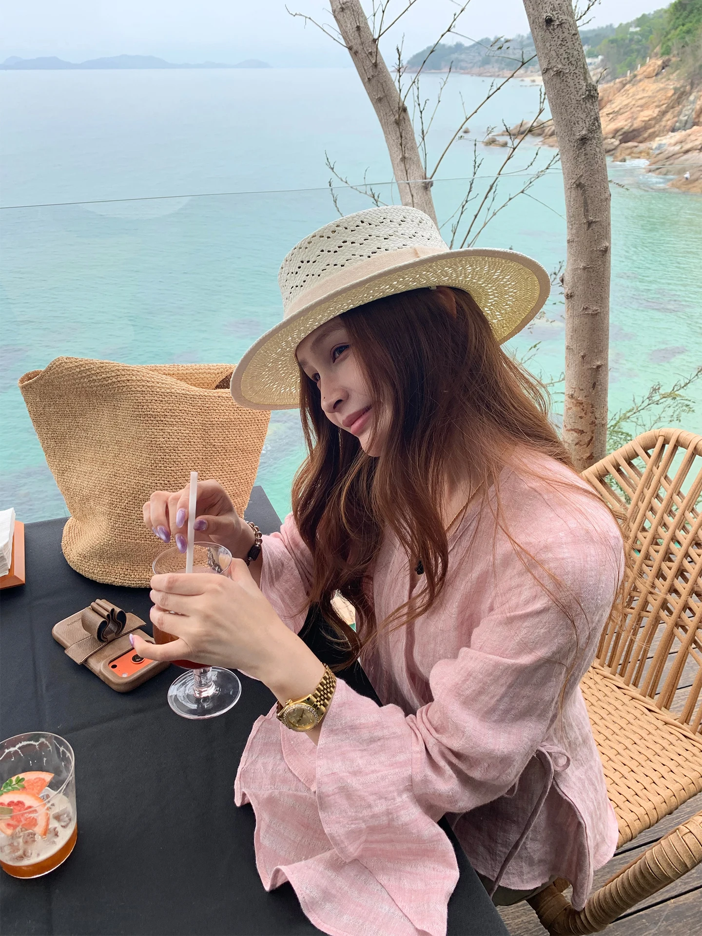 

Bluetique Pink Cherry Blossom Bubble Lace Trim Linen Stripe Patterned Shirt Casual Slim Fit V-Neck Sleeveless Women's Top