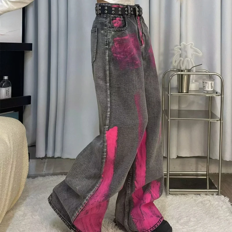 Matakawa Y 2K Roze Graffiti Denim Broek Vrouwen Vintage Streetwear Lente Herfst Pantalones De Mujer Grijze Broek Met Wijde Pijpen