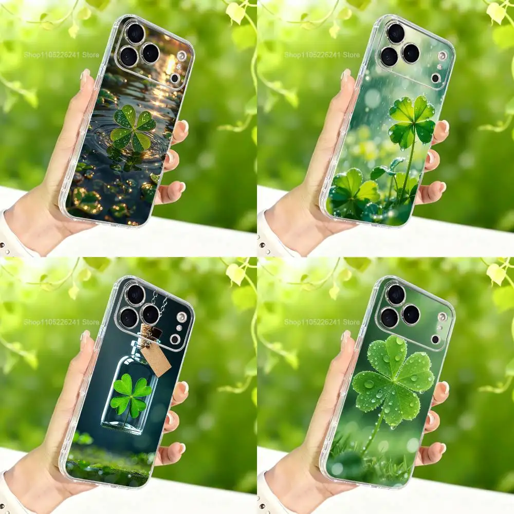 

Green Lucky Four Leaf Clover Case For iPhone 15,11,12,13,16,14,17,Pro,Max,Plus,SE,Mini,X,XS,XR, Transparent Soft Silicone