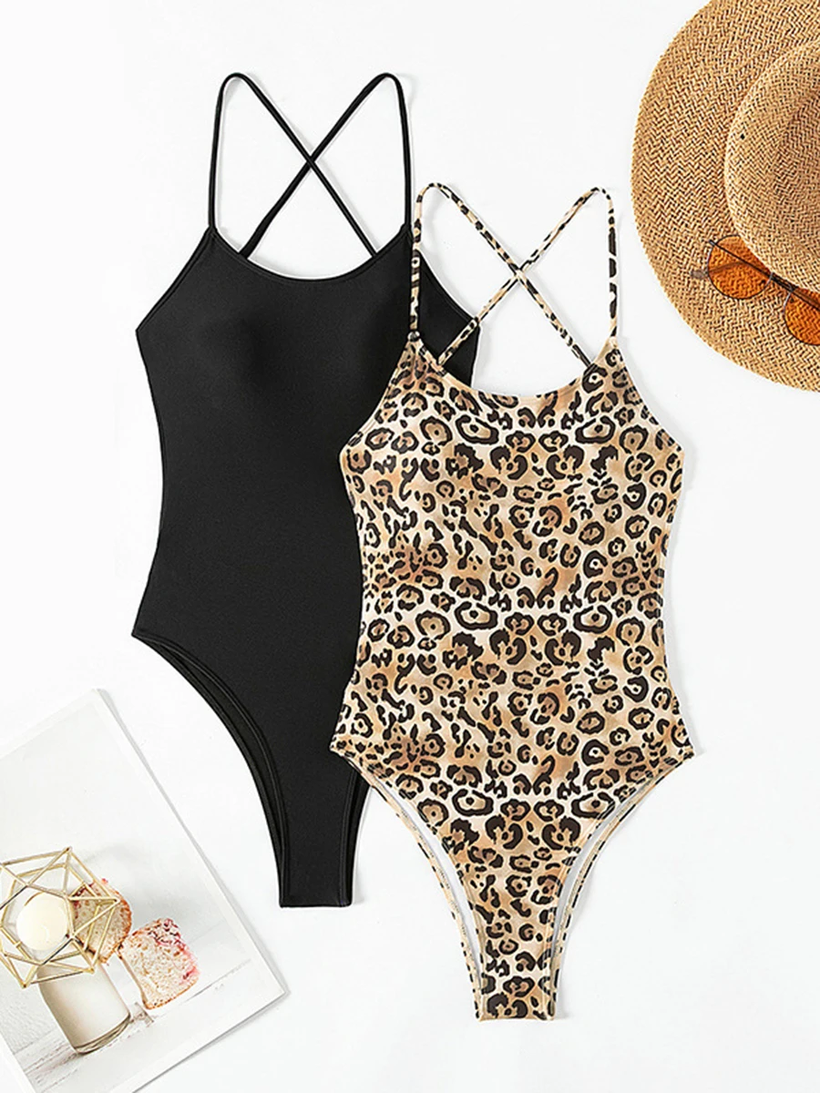 

2024 Black and Leopard Bodysuit Back Cross Swimsuit Women One Piece Swimwear Female Bathers Bathing Swimming Swim Suit Beachwear