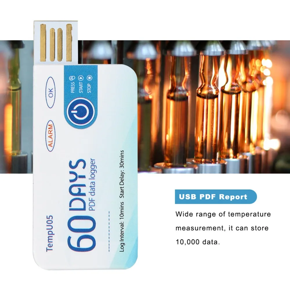 60 Days Temperature Data Logger PDF Report Output USB Interface USB Temperature Logger Disposable Design Single Use Type