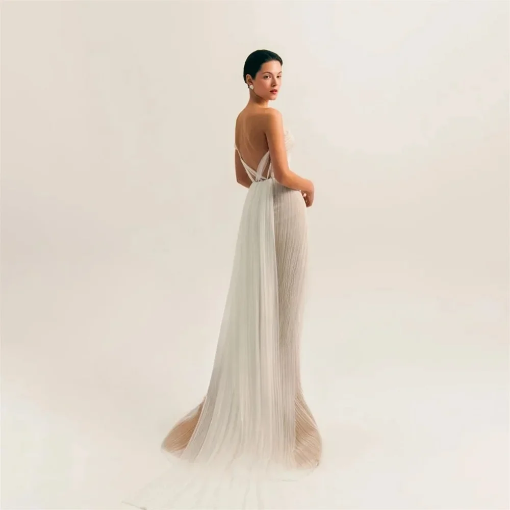 Customized One Shoulder Ruffled Tulle Sheer Overlay Mermaid Wedding Dress Open Back High Slit Long Train Sleeveless Bridal Gowns