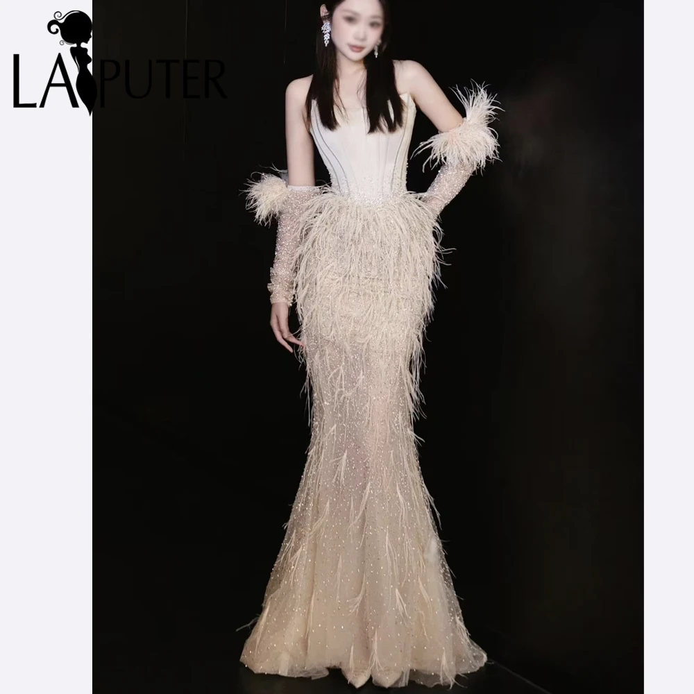 

Champagne Evening Dresses Corset Off Shoulder Ostrich Fur Mermaid Skirt Formal Dress with Long Gloves Boned Prom Gown