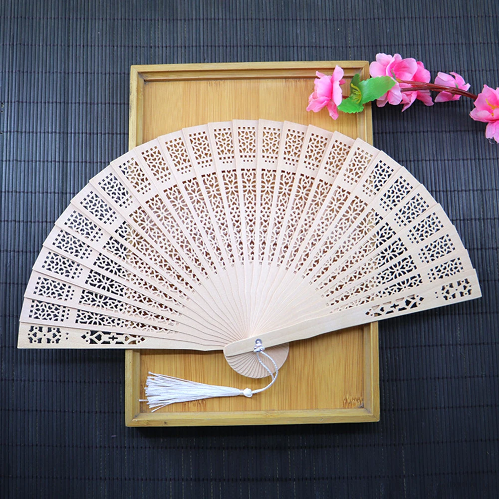 Women's Folding Hand Fan Wedding Party Accessories Elegant Chinese Style Hollow Carved Wood Portable Cooling Gift Tool