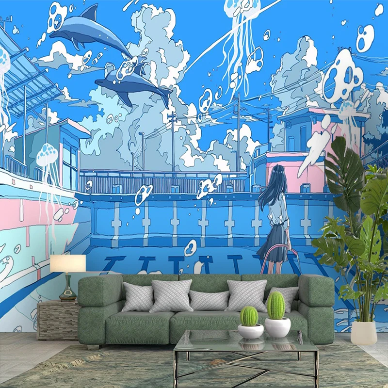 1PC Blue Dream Anime Girl Art Print Backdrop Banner, Bedroom Living Room Photo Background, Polyester, Home Decor, Wall Art