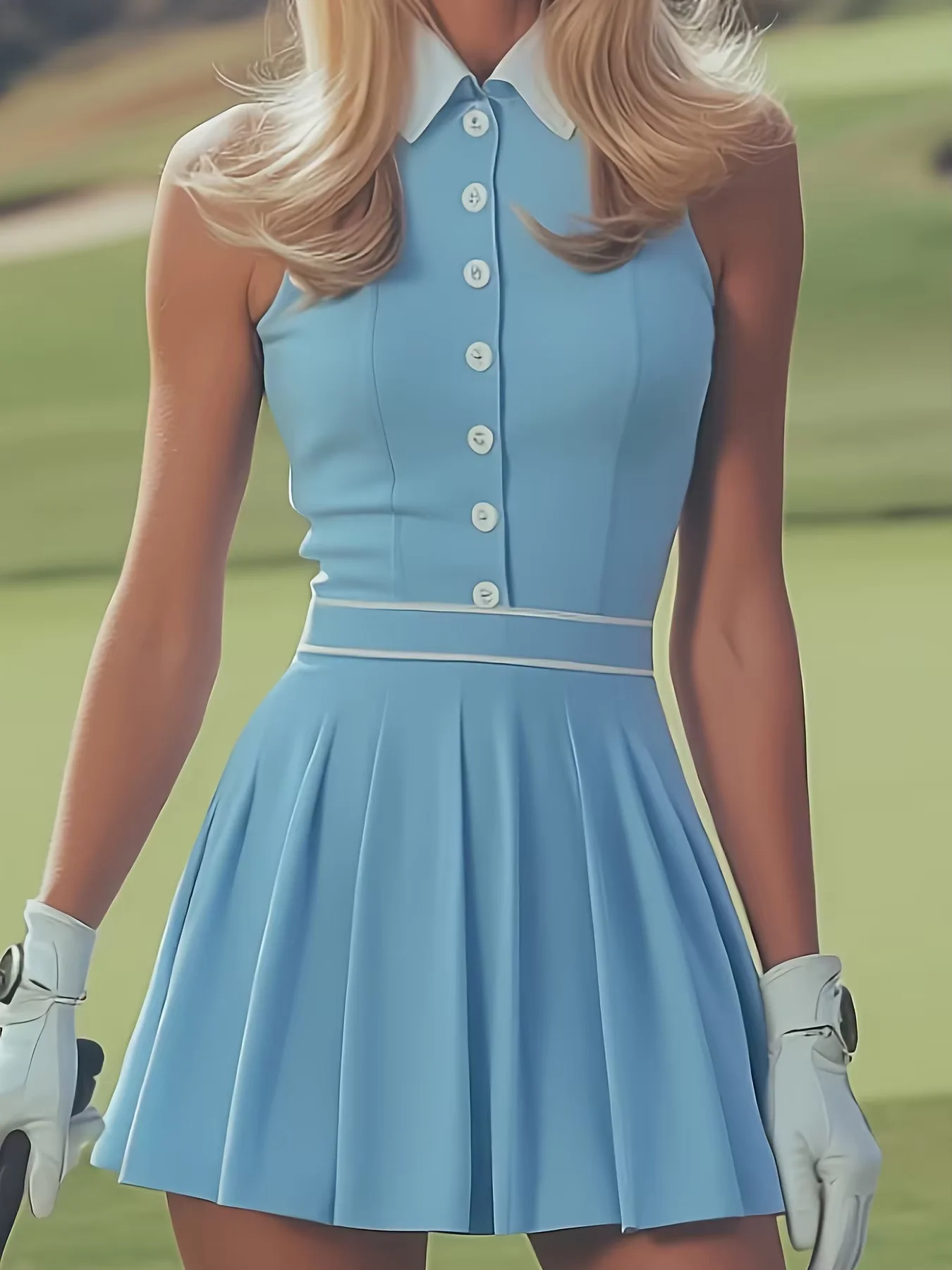 

Элегантное женское платье без рукавов небесно-голубого цвета с отложным воротником и белым декоративным дизайном на молнии до середины груди для стильных женщин