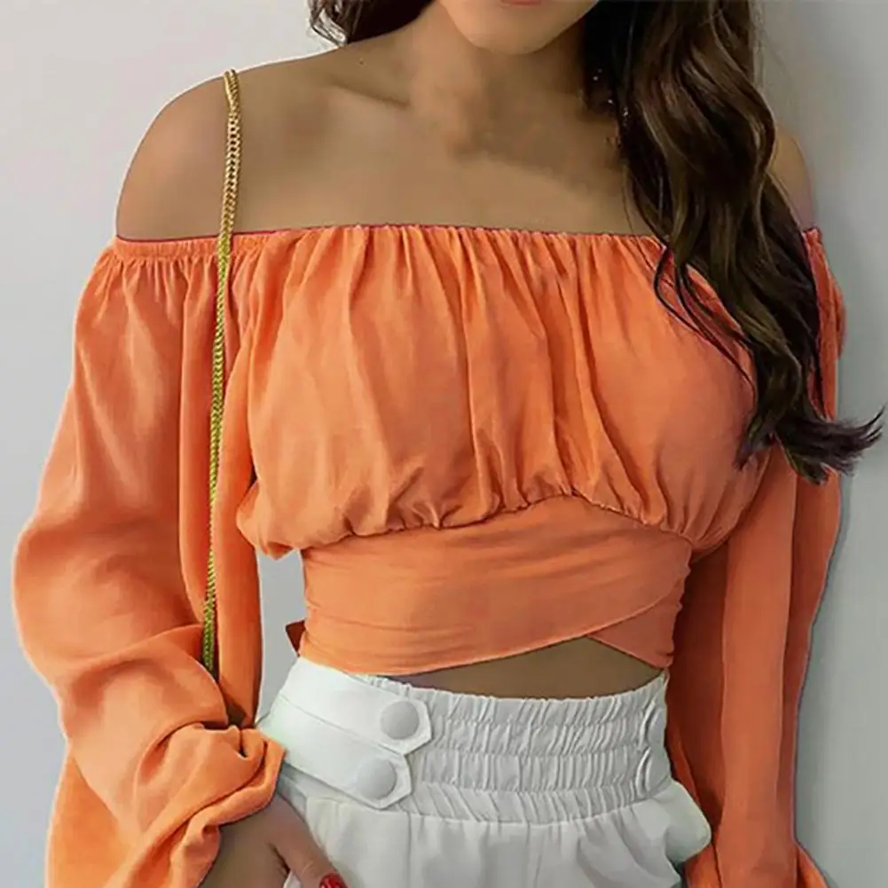 Off Shoulder Lantern Sleeve Women Blouse Shirt Sexy Puff Sleeve Crop Tops Casual Solid White Blouses Exposed Navel Streetwear