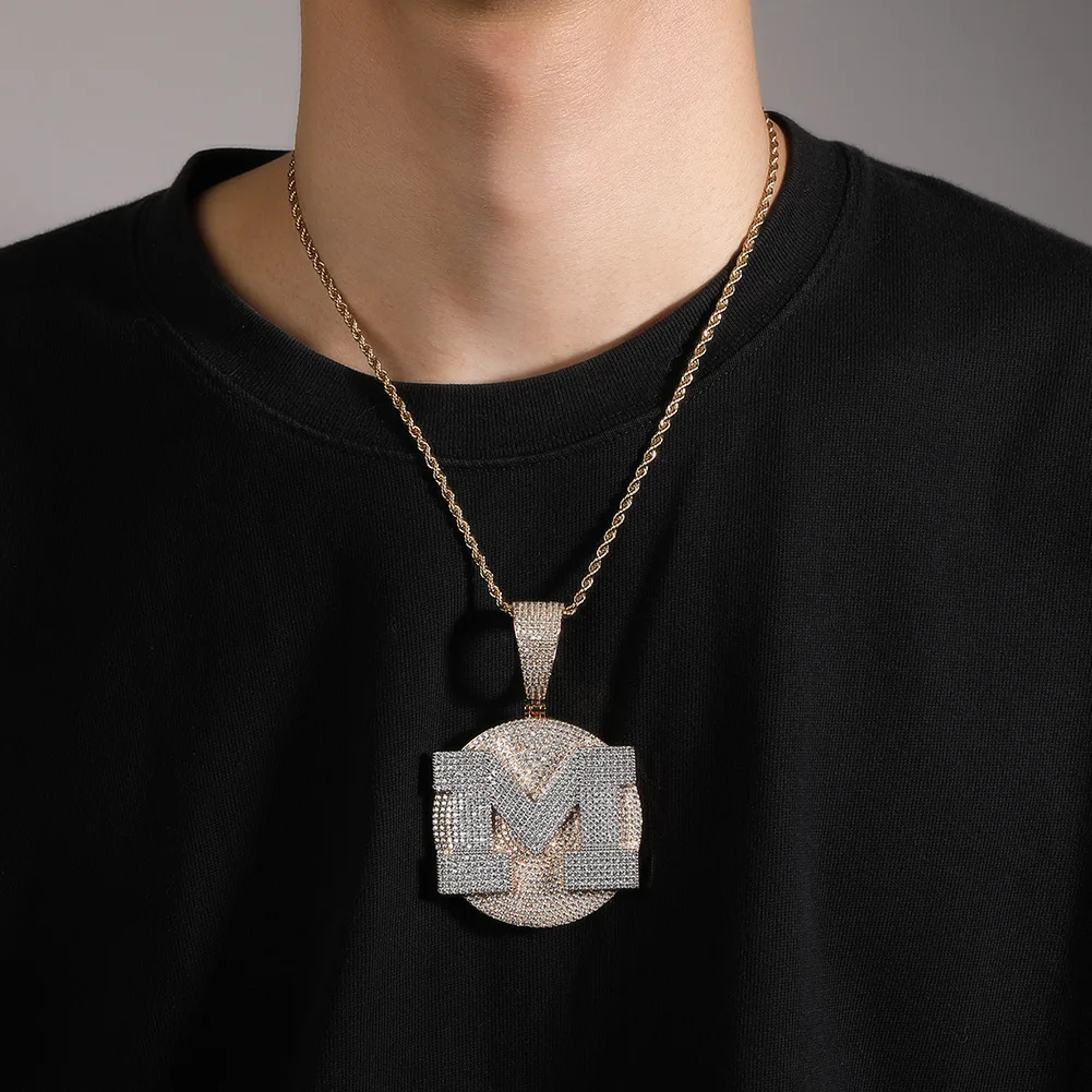 Iced Out M Letter Pendant Necklace for Men, Circular Base CZ Hip Hop Jewelry, Ideal Father's Day Boyfriend & Men's Gift