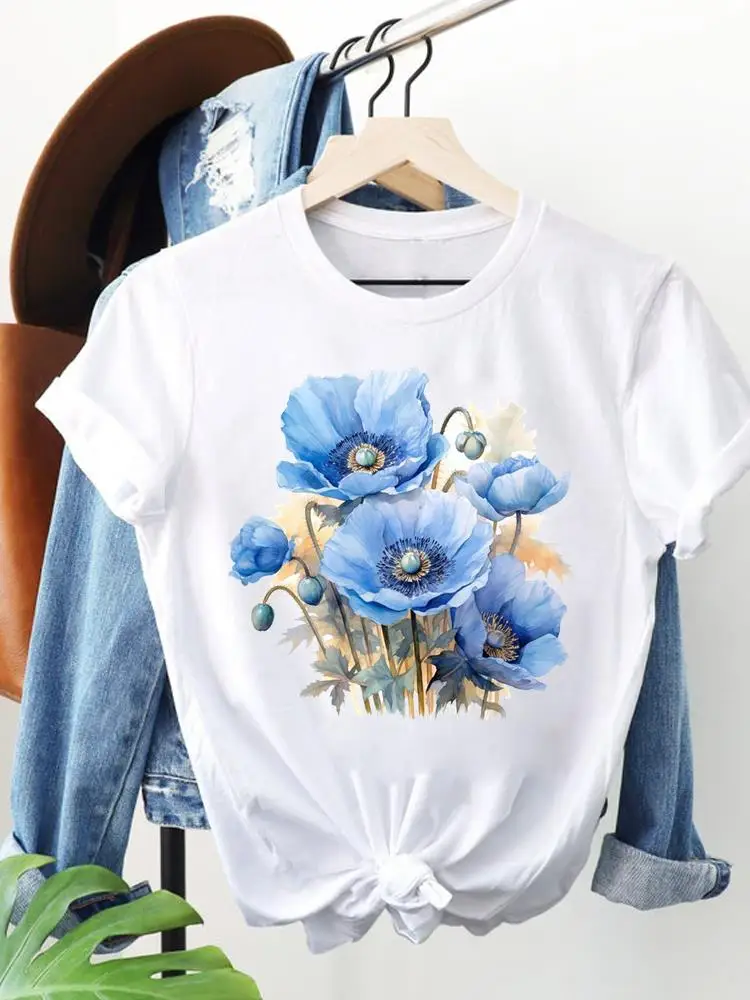 

Women Fashion Casual Print Top Short Sleeve Lady O-neck T Shirt Watercolor Sweet Flower Cute 90s Clothing Graphic Tee T-shirt