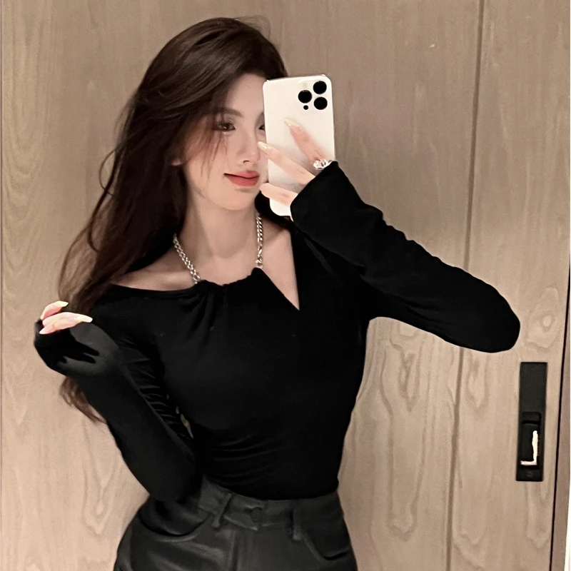 Full Sleeve T-shirt Women\'s Halter Design Fall/winter Sexy Slim Fit Trendy Korean Tshirt Tops For Women Off-Shoulder Clothing