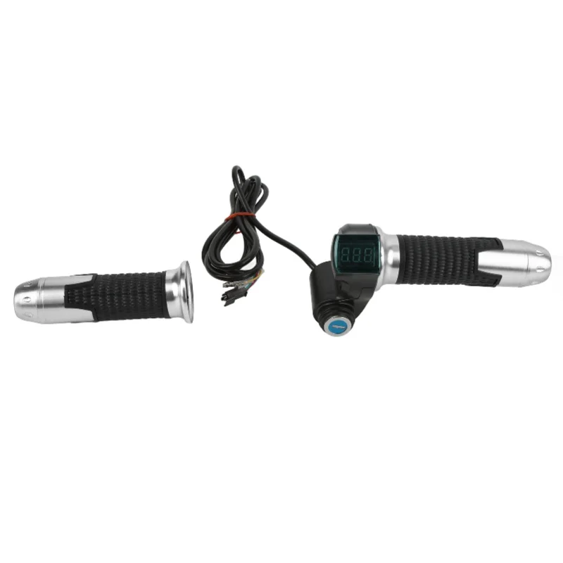 

2PCS Electric Bicycle Throttle Handle Speed Control Throttle Grip With Green Digital Display Grain PatternSilver Handle Cover