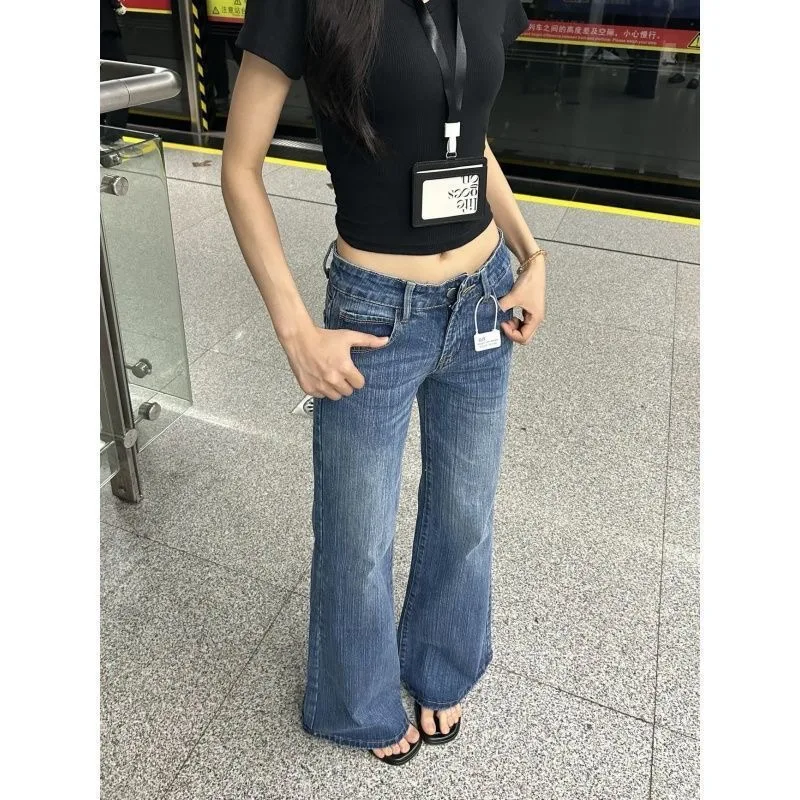 American High Street Casual Jeans Women Low Rise Washed Bootcut Wide Leg Jeans Y2K Bamboo-strip Pattern Loose Floor Length Jeans