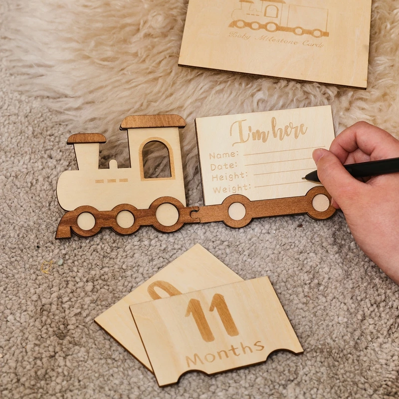 Tarjetas de hito mensuales de madera para bebé, tren de doble cara, número, mes, accesorios de fotografía recién nacido, regalo para bebé