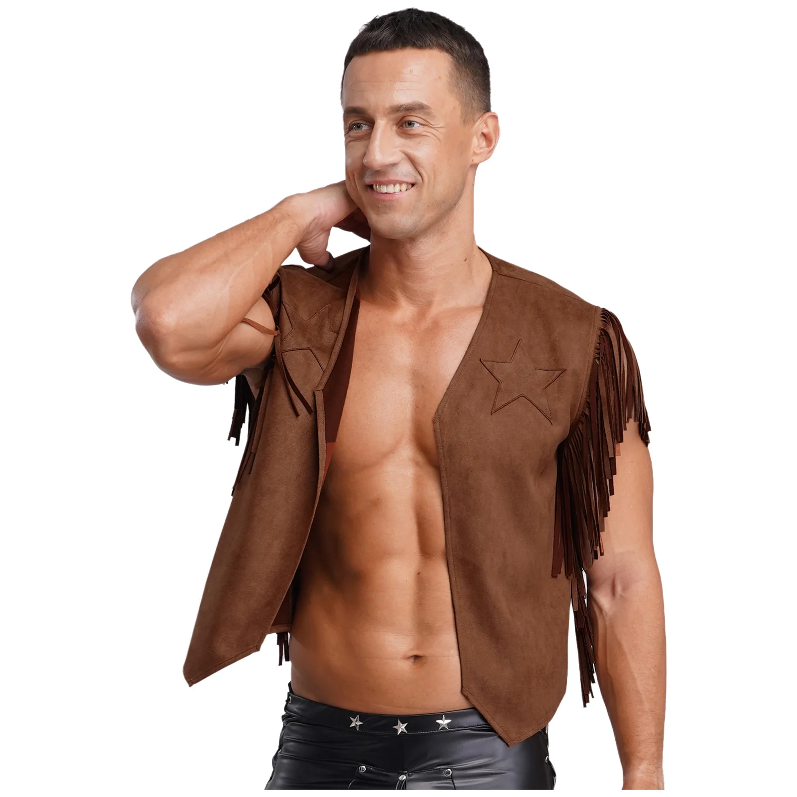 

Мужской ковбойский карнавальный костюм в стиле вестерн без рукавов с открытой передней частью, асимметричный подол, кисточка из искусственной замши, тематический жилет для вечеринки, топы