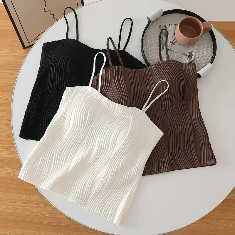 3 Colors Corrugated Stripe Seamless Camisole with Breast Pad Hot Girl Inner Bra Women's Slim Slim Underwear Women Clothing  Tops