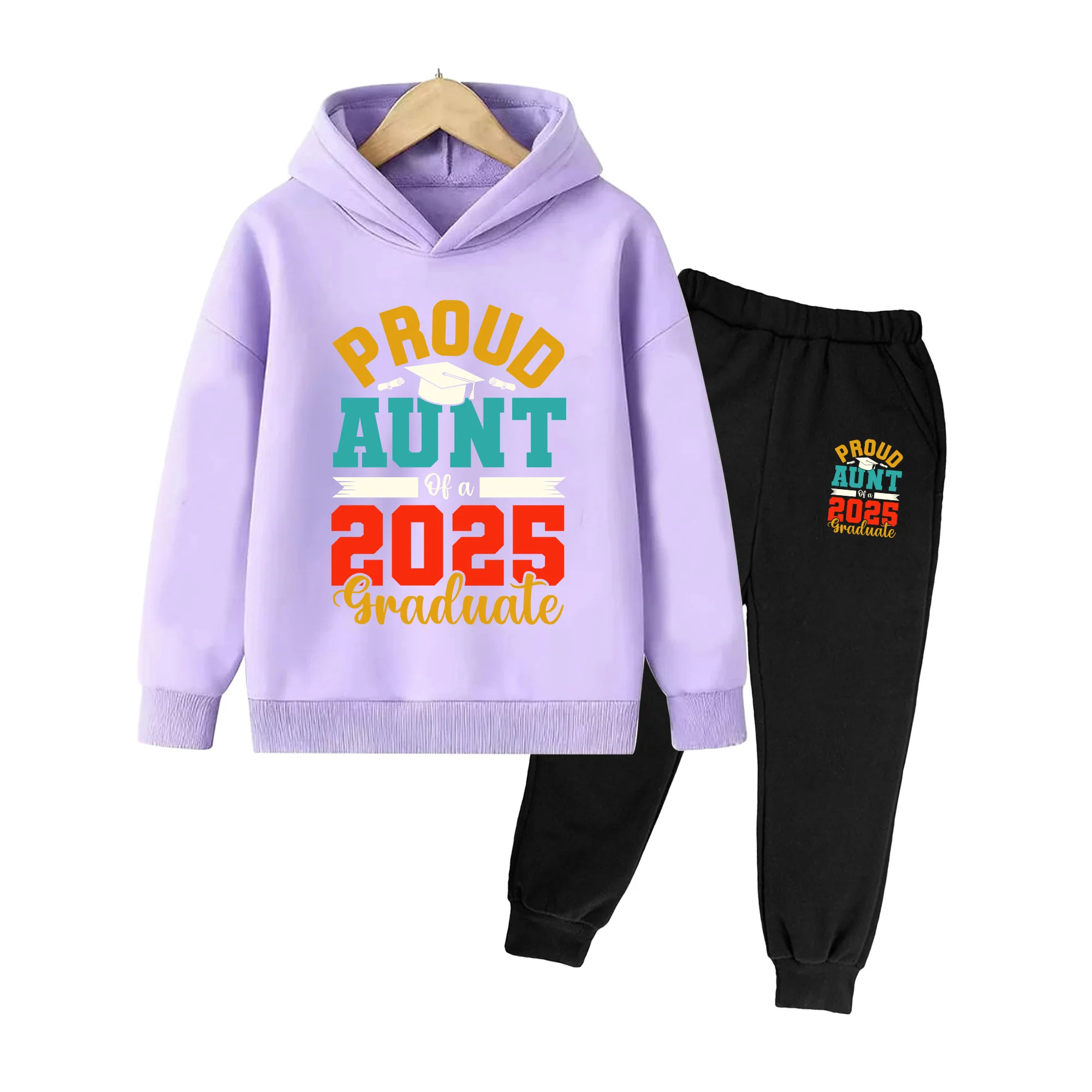 Proud Aunt of 2025 Graduate Print Kids Hoodie & Sweatpants Set, Unisex Casual School Graduation Outfit