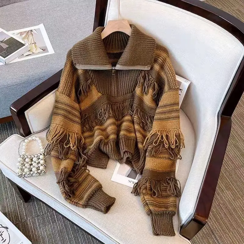 Autumn Winter Female Matching Set Long Sleeve High Neck Sweater Knitted Fashion Print New Office Lady Elegant Sweater M66