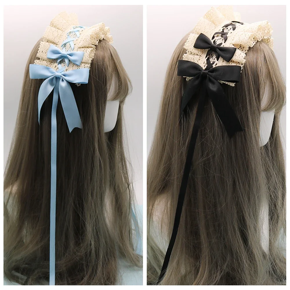 1 Pc Sweet Lolita Bowknot Maid Headdress Ruffled Lace Headpiece Headband Women Girls Japanese Style Crisscross Ribbon Headwear